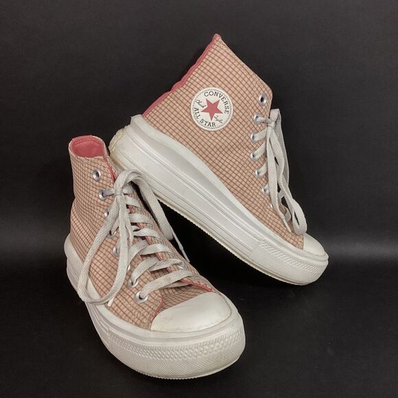 Converse CTAS -Women's Sz 6 -Pink Plaid -Move Platform Hi Oat Milk Shoe- A05130C - Picture 1 of 9